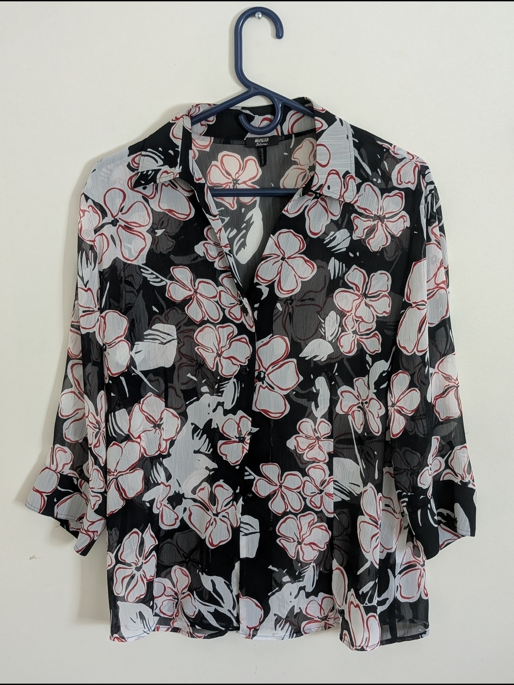 Basler Selection Floral Black White Red Chiffon Sheer Button Blouse 42
